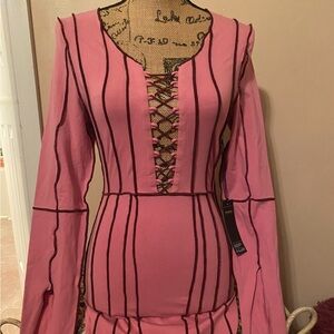 Finesse Pink Lace-Up Long Sleeve Bodycon Dress with Black Piping